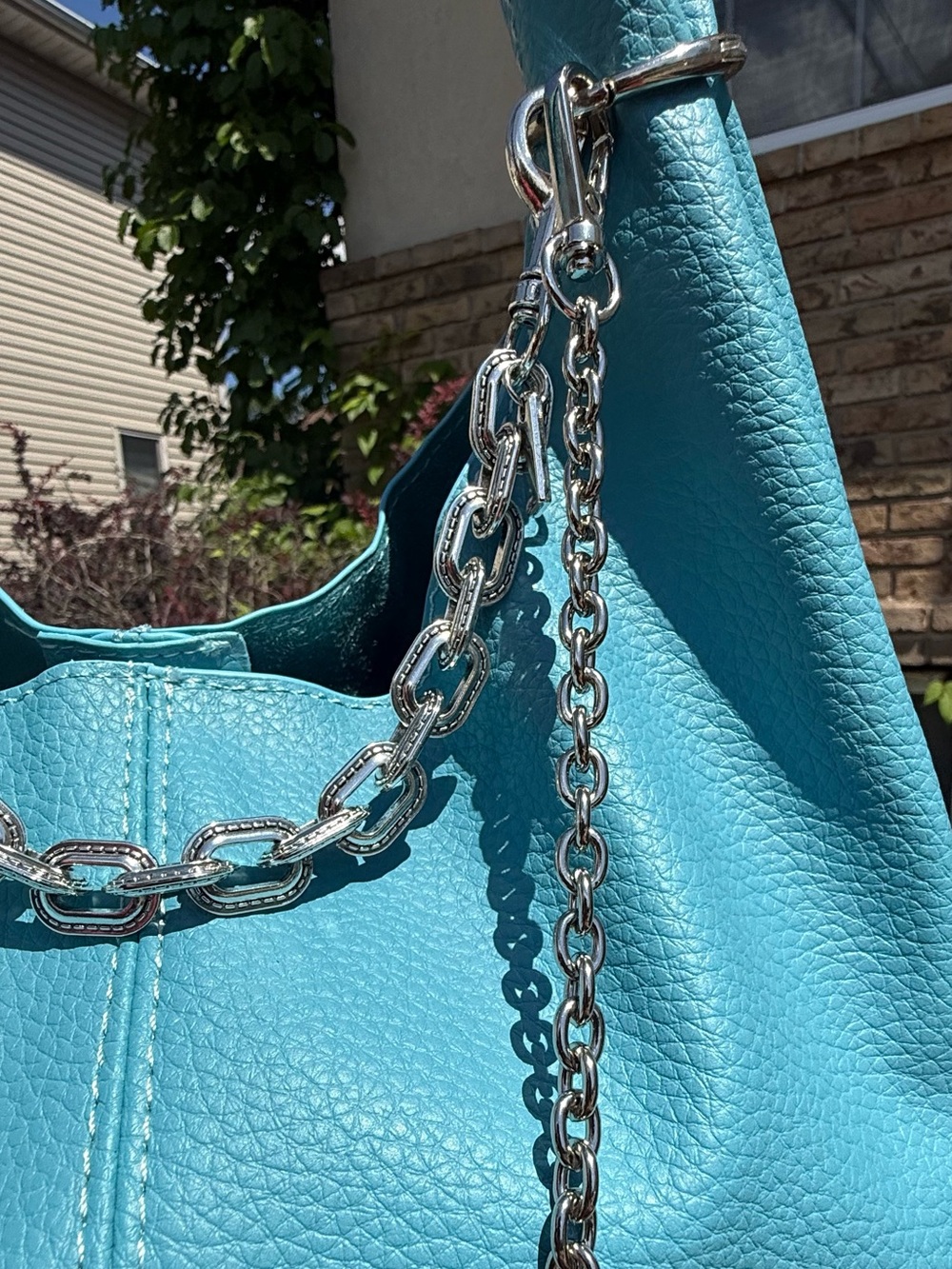 Y2K Blue Pebbled Leather Slouchy Crescent Hobo Shoulder Bag w/ Silver Chains - Picture 2 of 5